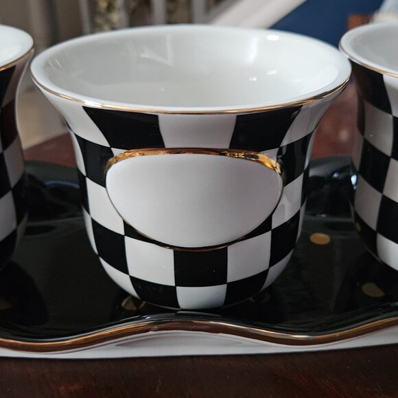 RARE 3 MACKENZIE CHILDS COURTLY CHECK BLACK TIE CERAMIC HERB POT CONTAINER TRAY - Picture 3 of 14